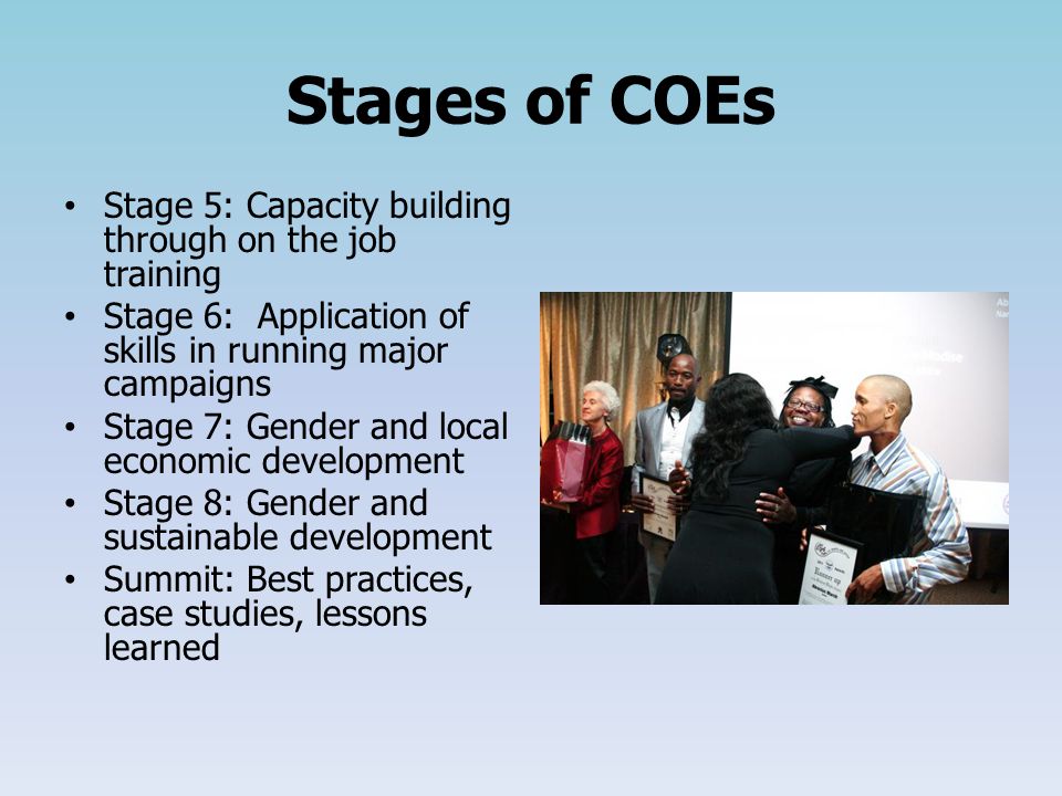 Stages of COEs Stage 5: Capacity building through on the job training Stage 6: Application of skills in running major campaigns Stage 7: Gender and local economic development Stage 8: Gender and sustainable development Summit: Best practices, case studies, lessons learned