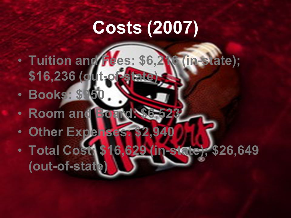 Costs (2007) Tuition and Fees: $6,216 (in-state); $16,236 (out-of-state) Books: $950 Room and Board: $6,523 Other Expenses: $2,940 Total Cost: $16,629 (in-state); $26,649 (out-of-state)
