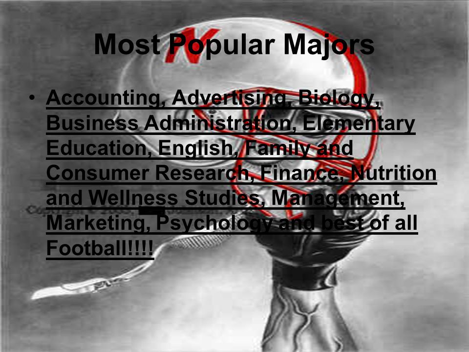 Most Popular Majors Accounting, Advertising, Biology, Business Administration, Elementary Education, English, Family and Consumer Research, Finance, Nutrition and Wellness Studies, Management, Marketing, Psychology and best of all Football!!!!