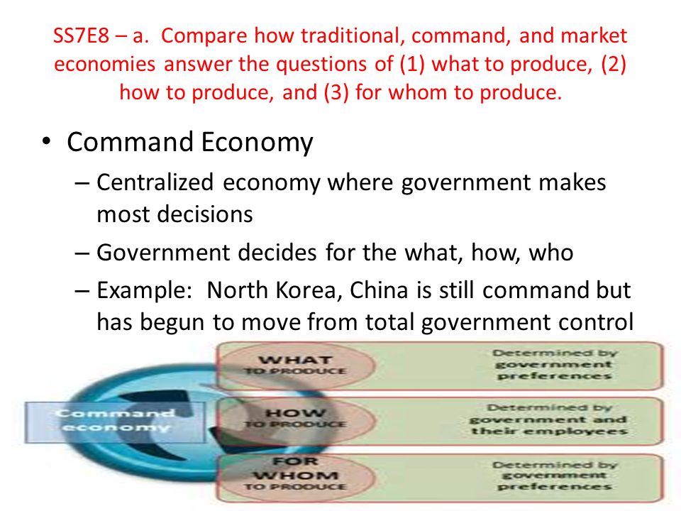 Command Economy – Centralized economy where government makes most decisions – Government decides for the what, how, who – Example: North Korea, China is still command but has begun to move from total government control