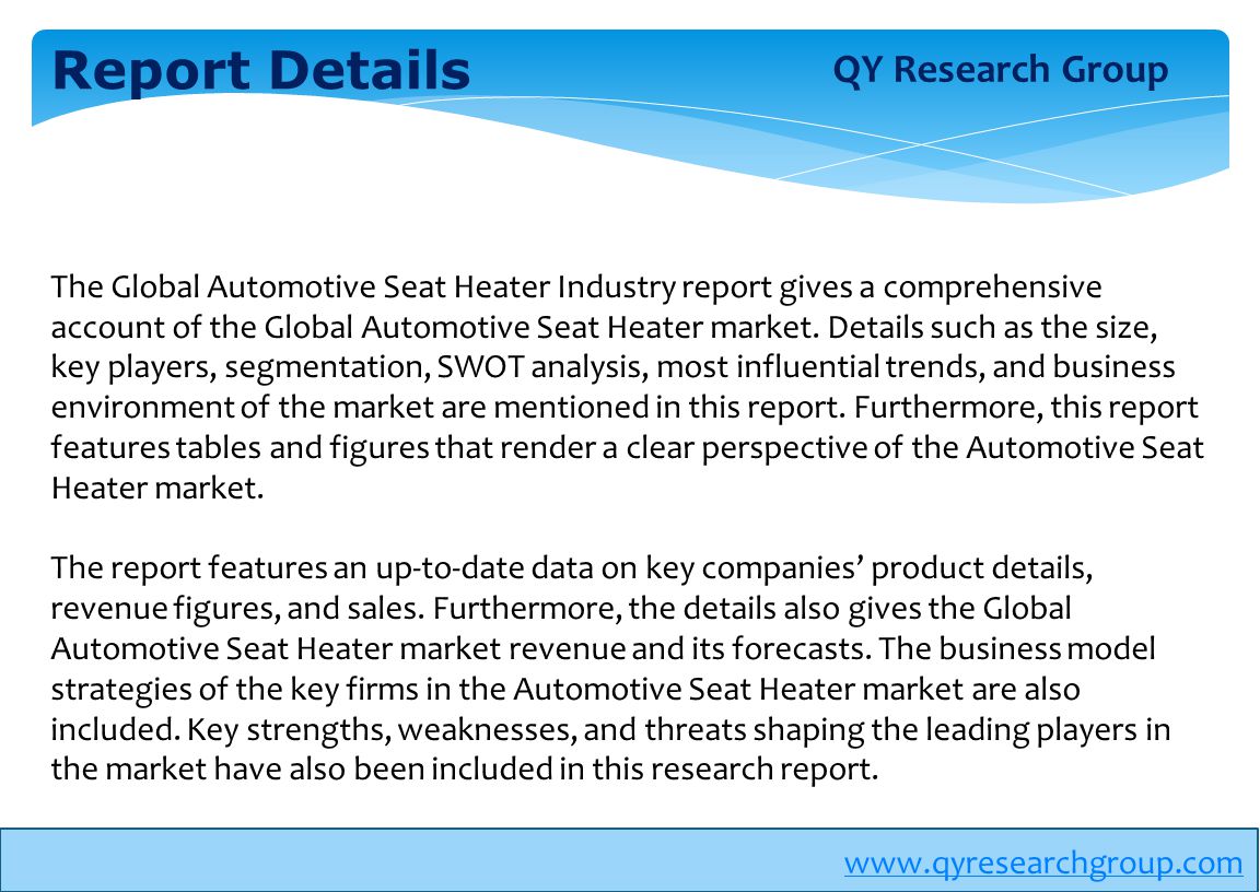 Report Details The Global Automotive Seat Heater Industry report gives a comprehensive account of the Global Automotive Seat Heater market.