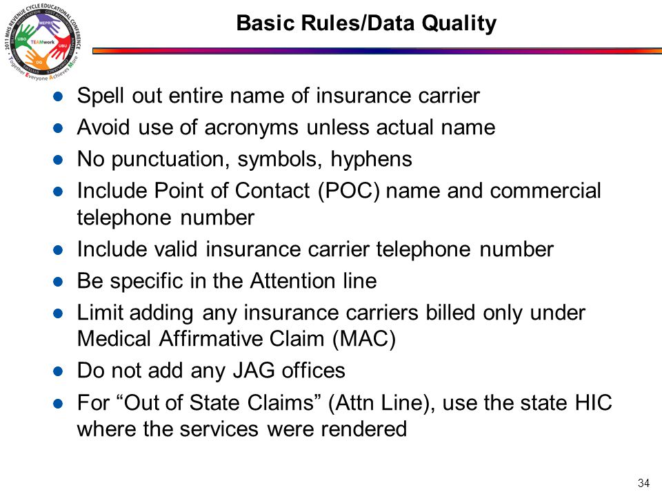 Basic Rules/Data Quality Spell out entire name of insurance carrier Avoid use of acronyms unless actual name No punctuation, symbols, hyphens Include Point of Contact (POC) name and commercial telephone number Include valid insurance carrier telephone number Be specific in the Attention line Limit adding any insurance carriers billed only under Medical Affirmative Claim (MAC) Do not add any JAG offices For Out of State Claims (Attn Line), use the state HIC where the services were rendered 34