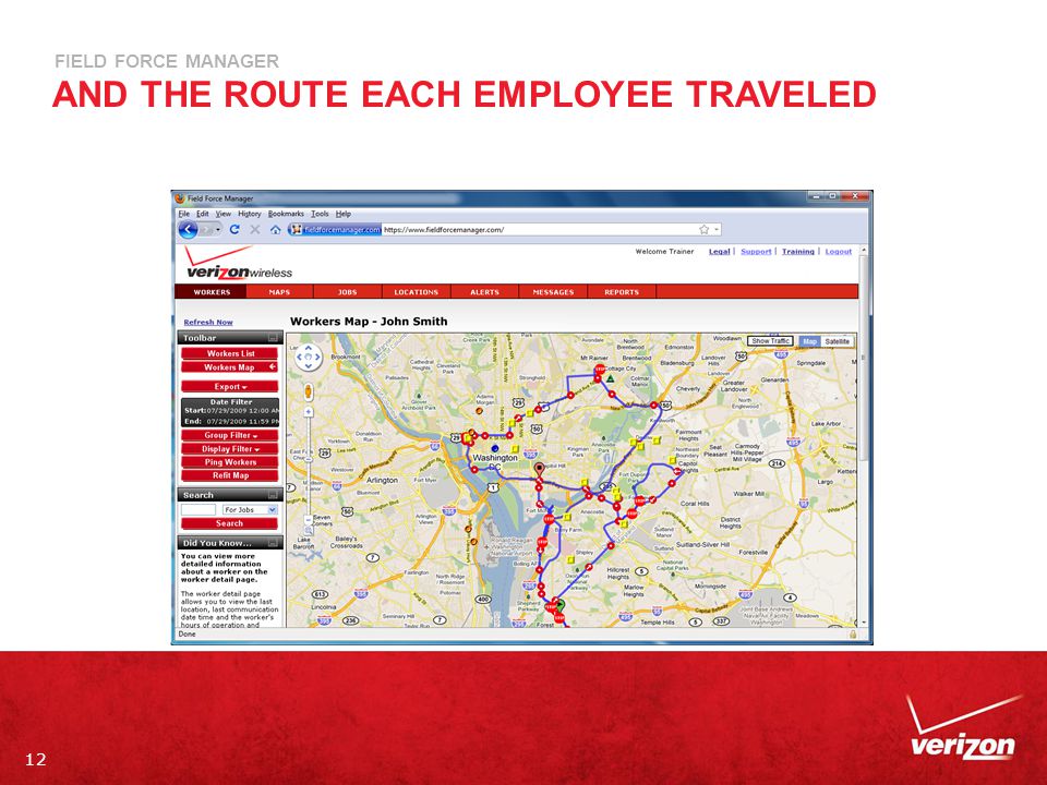 12 FIELD FORCE MANAGER AND THE ROUTE EACH EMPLOYEE TRAVELED