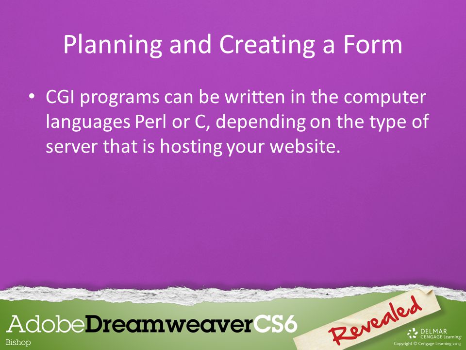 CGI programs can be written in the computer languages Perl or C, depending on the type of server that is hosting your website.