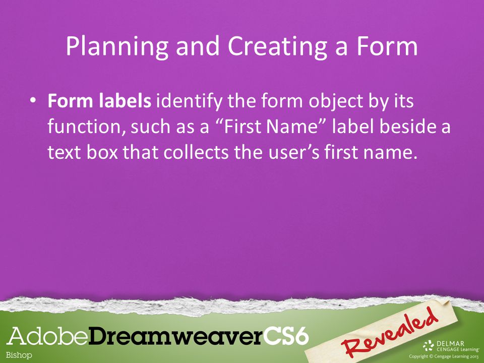 Form labels identify the form object by its function, such as a First Name label beside a text box that collects the user’s first name.