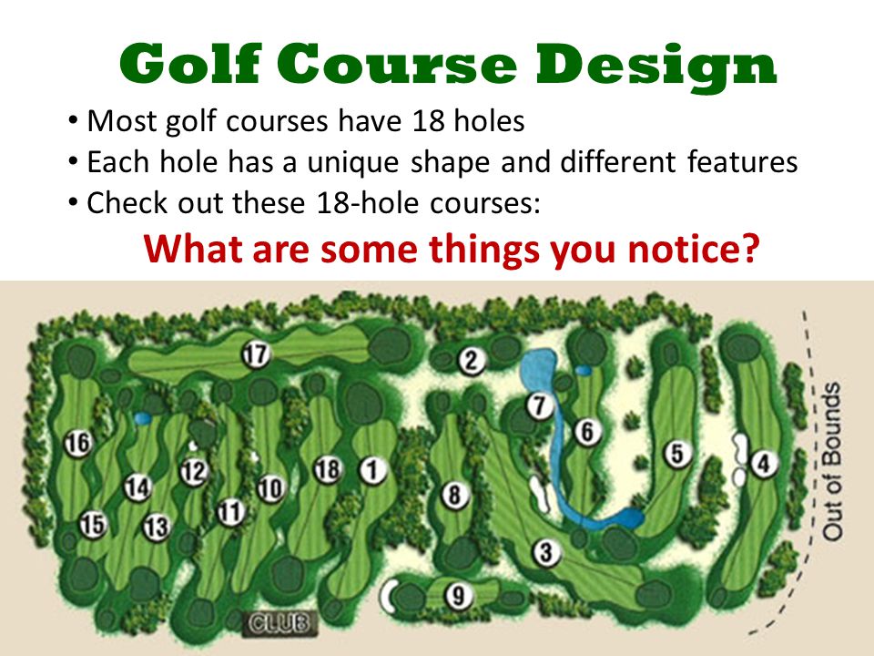 Club Imagination Golf Course Design. Most golf courses have 18 holes Each  hole has a unique shape and different features Check out these 18-hole  courses: - ppt download