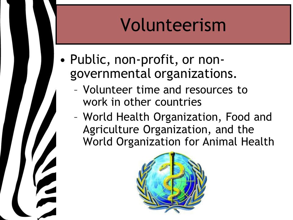 Volunteerism Public, non-profit, or non- governmental organizations.