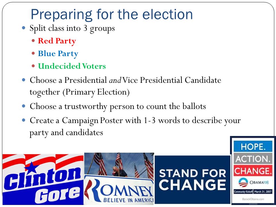 Preparing for the election Split class into 3 groups Red Party Blue Party Undecided Voters Choose a Presidential and Vice Presidential Candidate together (Primary Election) Choose a trustworthy person to count the ballots Create a Campaign Poster with 1-3 words to describe your party and candidates
