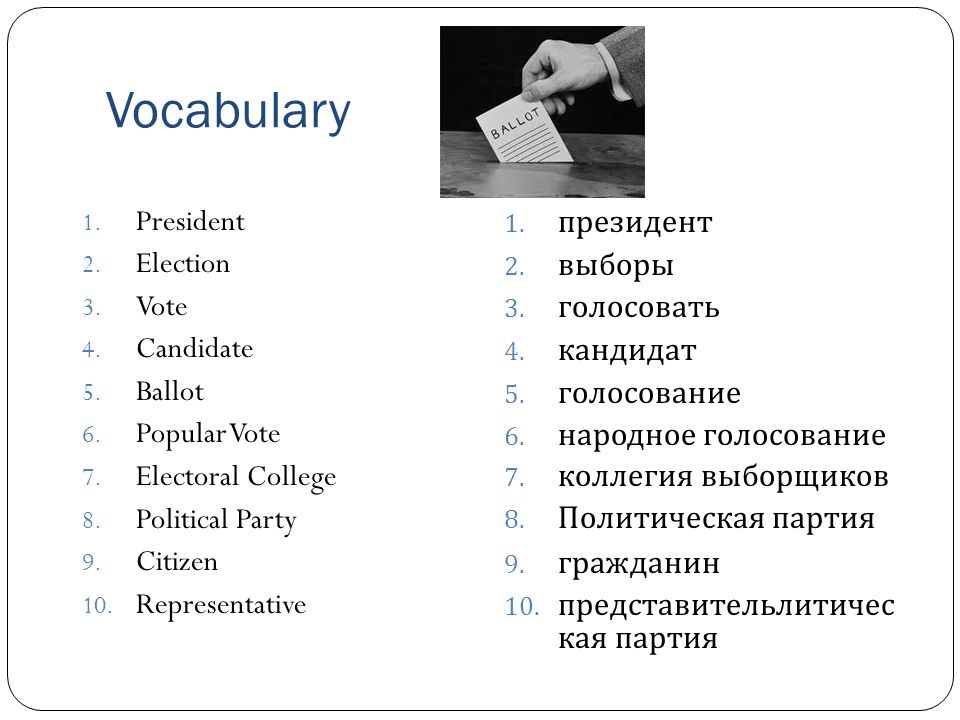 Vocabulary 1. President 2. Election 3. Vote 4. Candidate 5.