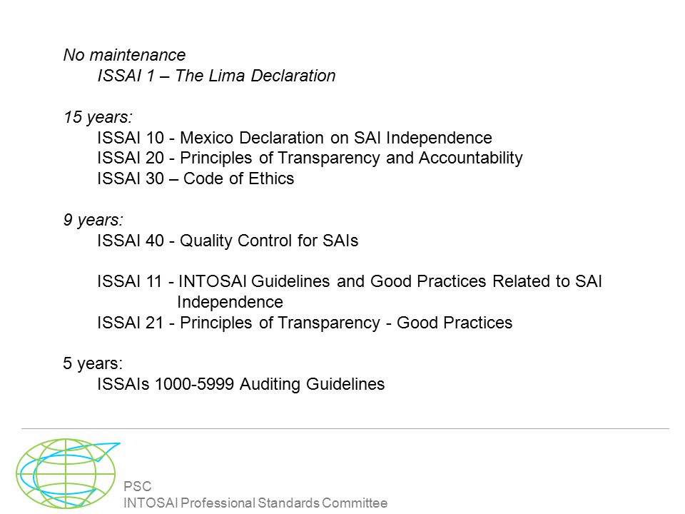 PSC INTOSAI Professional Standards Committee No maintenance ISSAI 1 – The Lima Declaration 15 years: ISSAI 10 - Mexico Declaration on SAI Independence ISSAI 20 - Principles of Transparency and Accountability ISSAI 30 – Code of Ethics 9 years: ISSAI 40 - Quality Control for SAIs ISSAI 11 - INTOSAI Guidelines and Good Practices Related to SAI Independence ISSAI 21 - Principles of Transparency - Good Practices 5 years: ISSAIs Auditing Guidelines