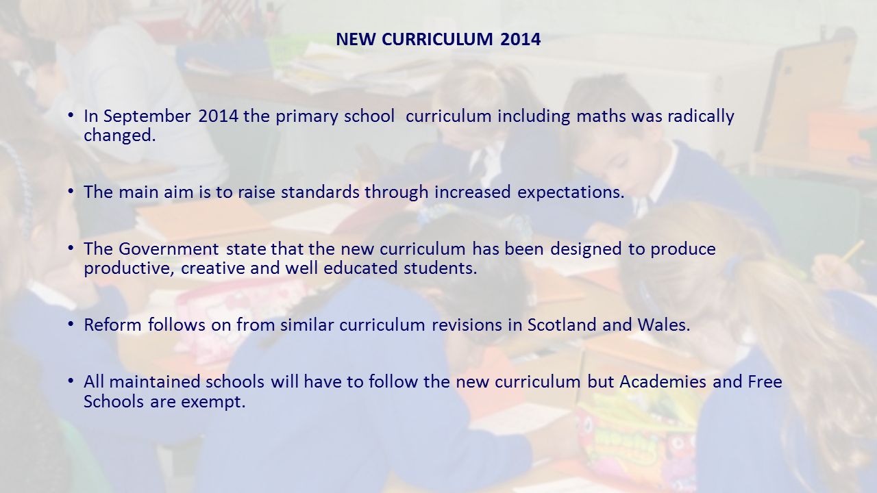 NEW CURRICULUM 2014 In September 2014 the primary school curriculum including maths was radically changed.