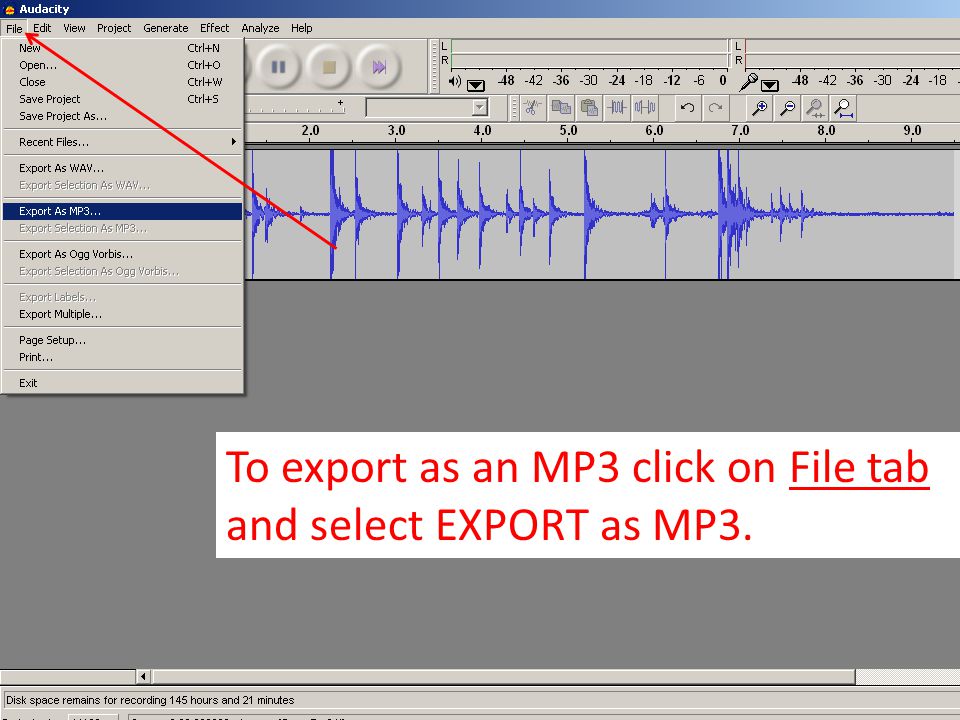To export as an MP3 click on File tab and select EXPORT as MP3.