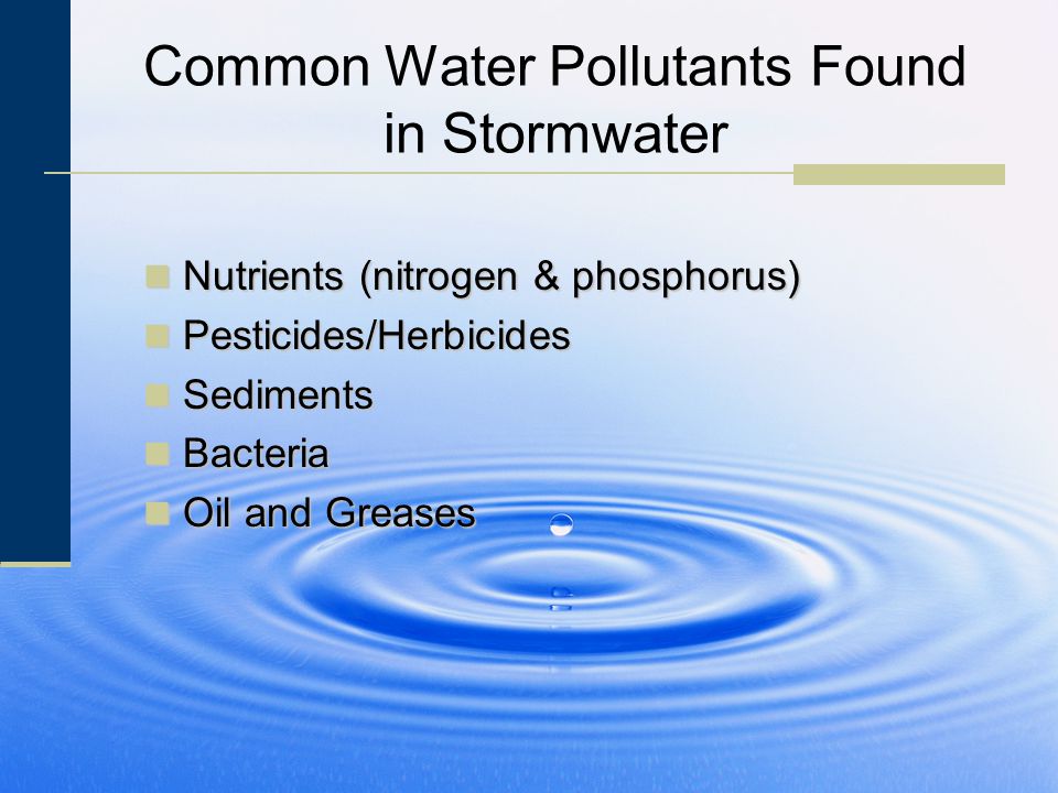 Common Water Pollutants Found in Stormwater Nutrients (nitrogen & phosphorus) Nutrients (nitrogen & phosphorus) Pesticides/Herbicides Pesticides/Herbicides Sediments Sediments Bacteria Bacteria Oil and Greases Oil and Greases
