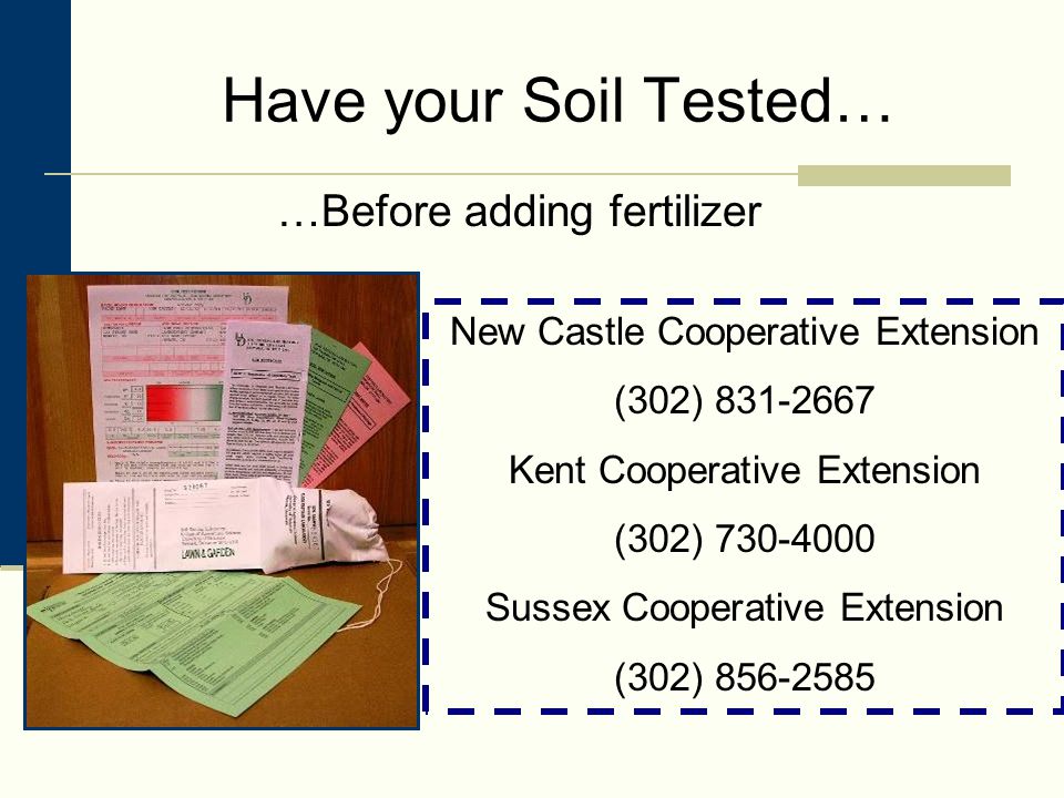 Have your Soil Tested… …Before adding fertilizer New Castle Cooperative Extension (302) Kent Cooperative Extension (302) Sussex Cooperative Extension (302)