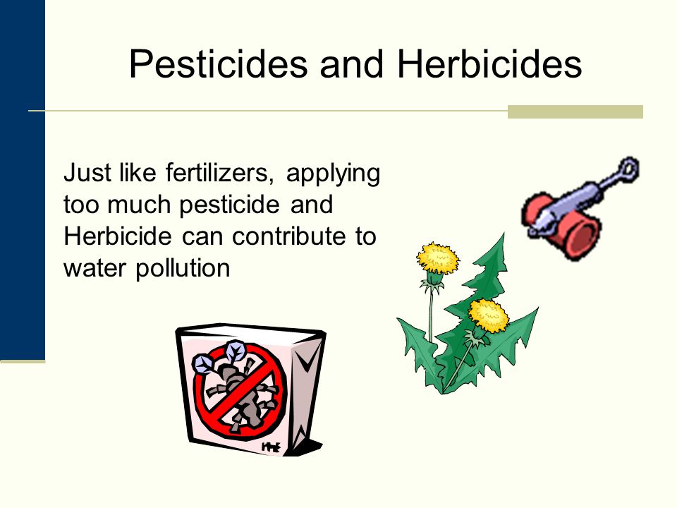 Pesticides and Herbicides Just like fertilizers, applying too much pesticide and Herbicide can contribute to water pollution