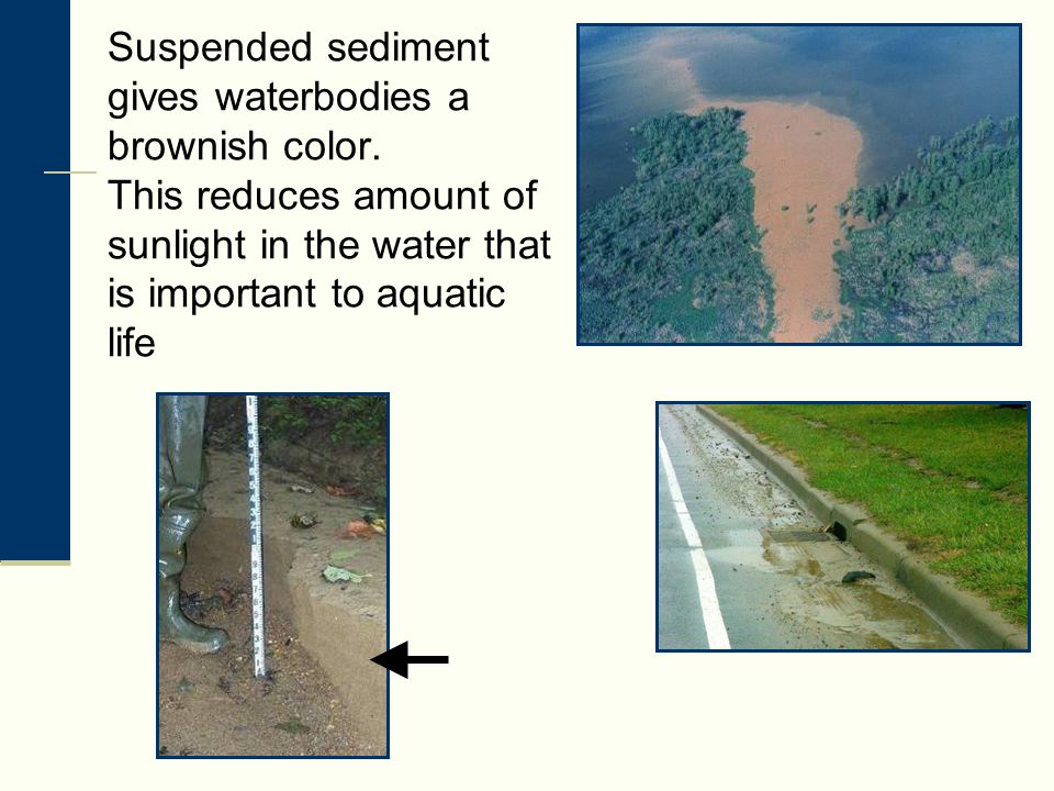 Suspended sediment gives waterbodies a brownish color.