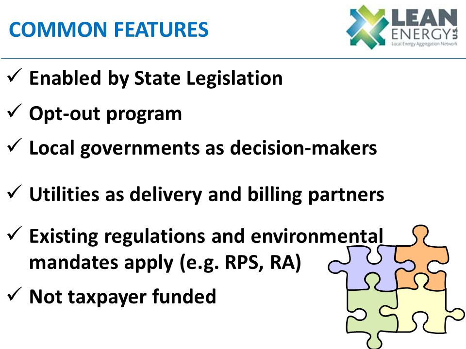 Enabled by State Legislation Opt-out program Local governments as decision-makers Utilities as delivery and billing partners Existing regulations and environmental mandates apply (e.g.