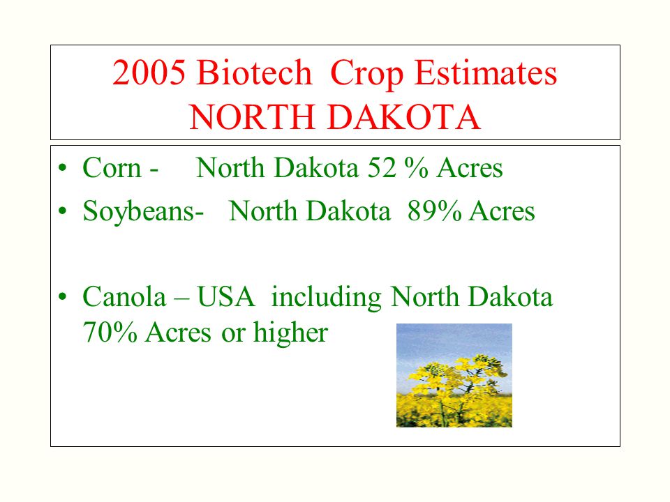 2005 Biotech Crop Estimates NORTH DAKOTA Corn - North Dakota 52 % Acres Soybeans- North Dakota 89% Acres Canola – USA including North Dakota 70% Acres or higher