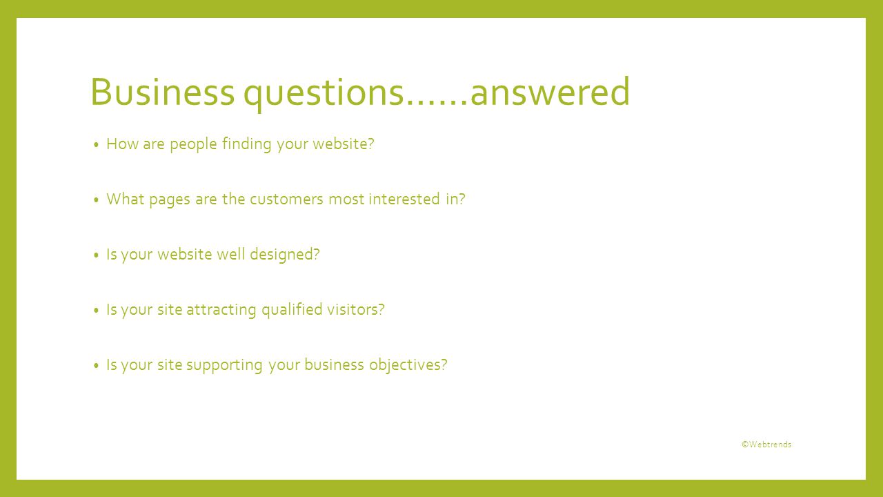 Business questions……answered How are people finding your website.