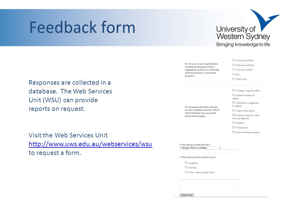 Responses are collected in a database. The Web Services Unit (WSU) can provide reports on request.