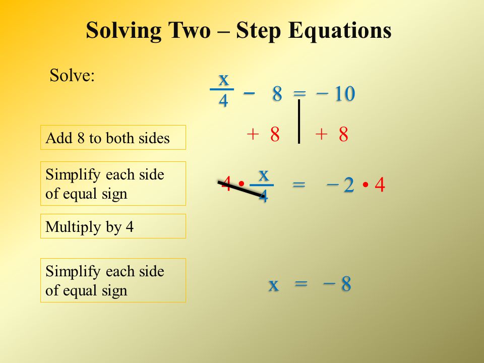 Solving Two – Step Equations 2x + 5 = − 15 Check your solution for accuracy: x = − 10 Simplify the left side of the equal sign.