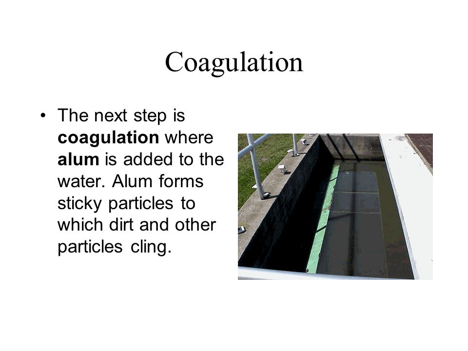 Coagulation The next step is coagulation where alum is added to the water.