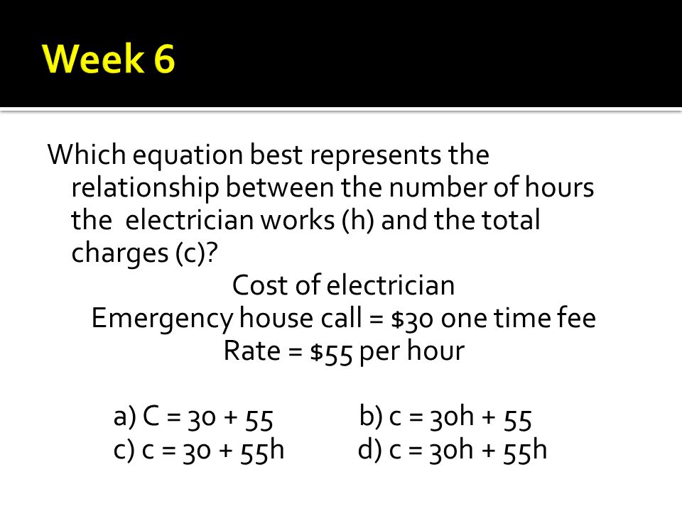 Which equation best represents the relationship between the number of hours the electrician works (h) and the total charges (c).