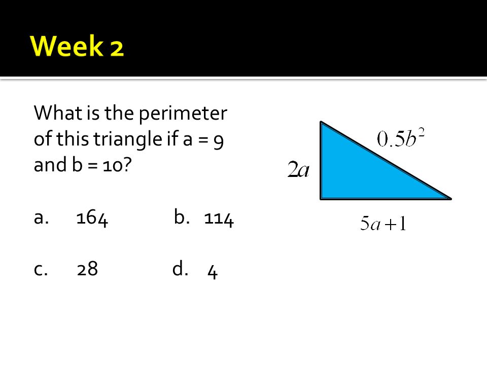 What is the perimeter of this triangle if a = 9 and b = 10 a. 164b. 114 c.28 d. 4