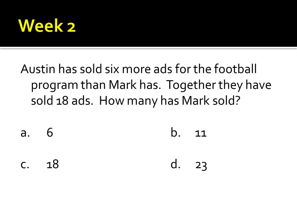 Austin has sold six more ads for the football program than Mark has.