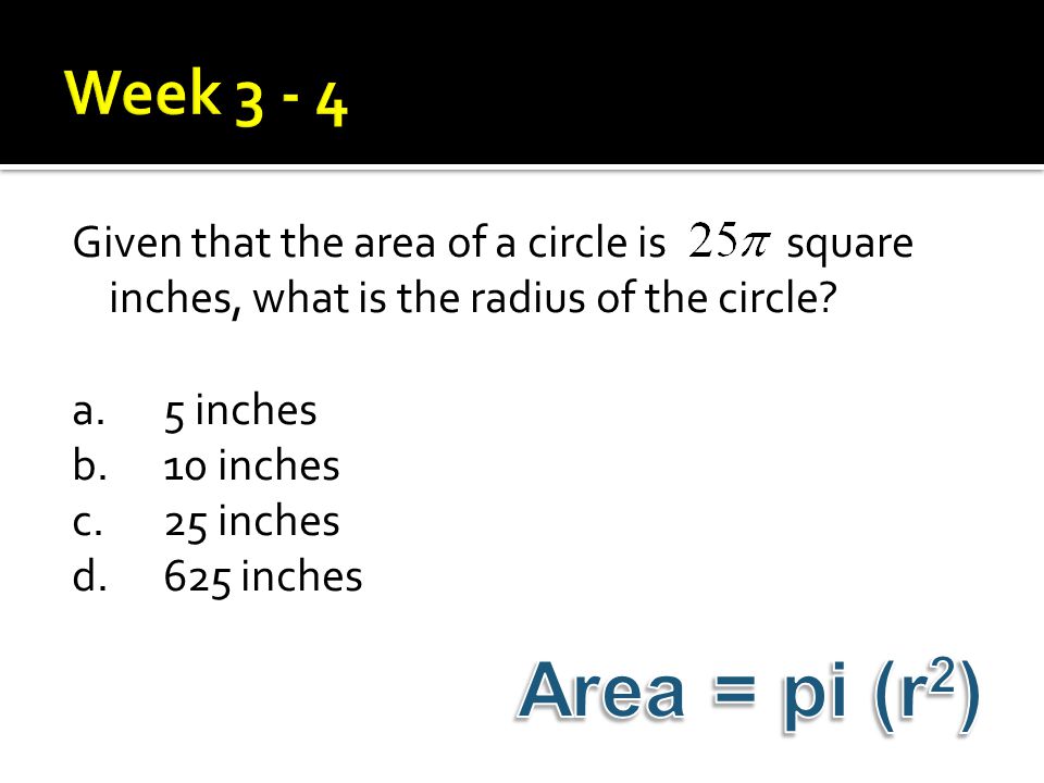 Given that the area of a circle is square inches, what is the radius of the circle.