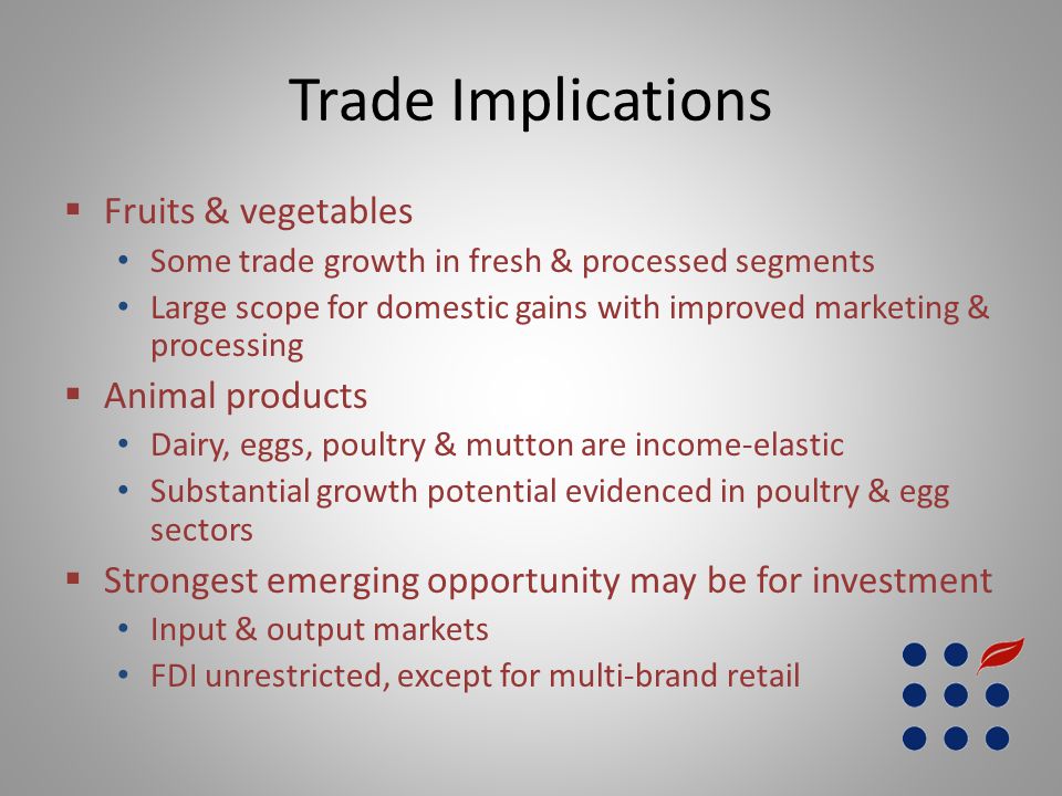 Trade Implications  Fruits & vegetables Some trade growth in fresh & processed segments Large scope for domestic gains with improved marketing & processing  Animal products Dairy, eggs, poultry & mutton are income-elastic Substantial growth potential evidenced in poultry & egg sectors  Strongest emerging opportunity may be for investment Input & output markets FDI unrestricted, except for multi-brand retail
