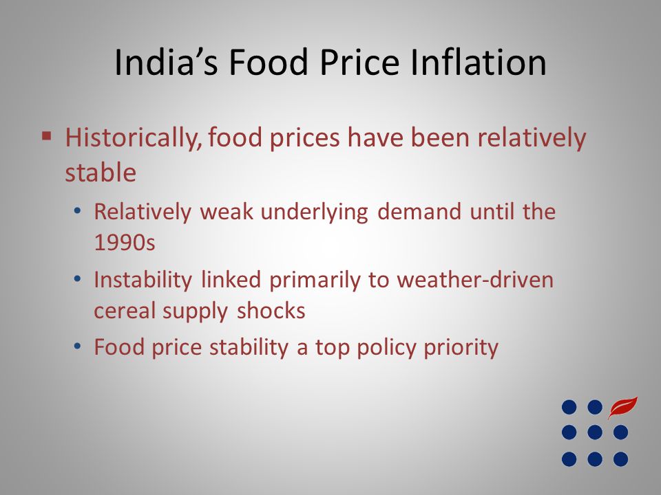 India’s Food Price Inflation  Historically, food prices have been relatively stable Relatively weak underlying demand until the 1990s Instability linked primarily to weather-driven cereal supply shocks Food price stability a top policy priority