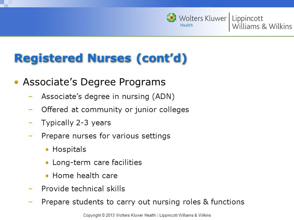 Copyright © 2013 Wolters Kluwer Health | Lippincott Williams & Wilkins Registered Nurses (cont’d) Associate’s Degree Programs –Associate’s degree in nursing (ADN) –Offered at community or junior colleges –Typically 2-3 years –Prepare nurses for various settings Hospitals Long-term care facilities Home health care –Provide technical skills –Prepare students to carry out nursing roles & functions