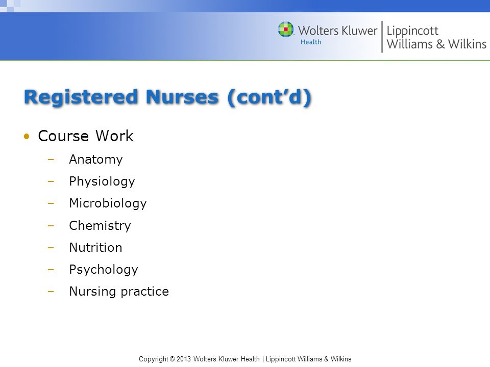 Copyright © 2013 Wolters Kluwer Health | Lippincott Williams & Wilkins Registered Nurses (cont’d) Course Work –Anatomy –Physiology –Microbiology –Chemistry –Nutrition –Psychology –Nursing practice
