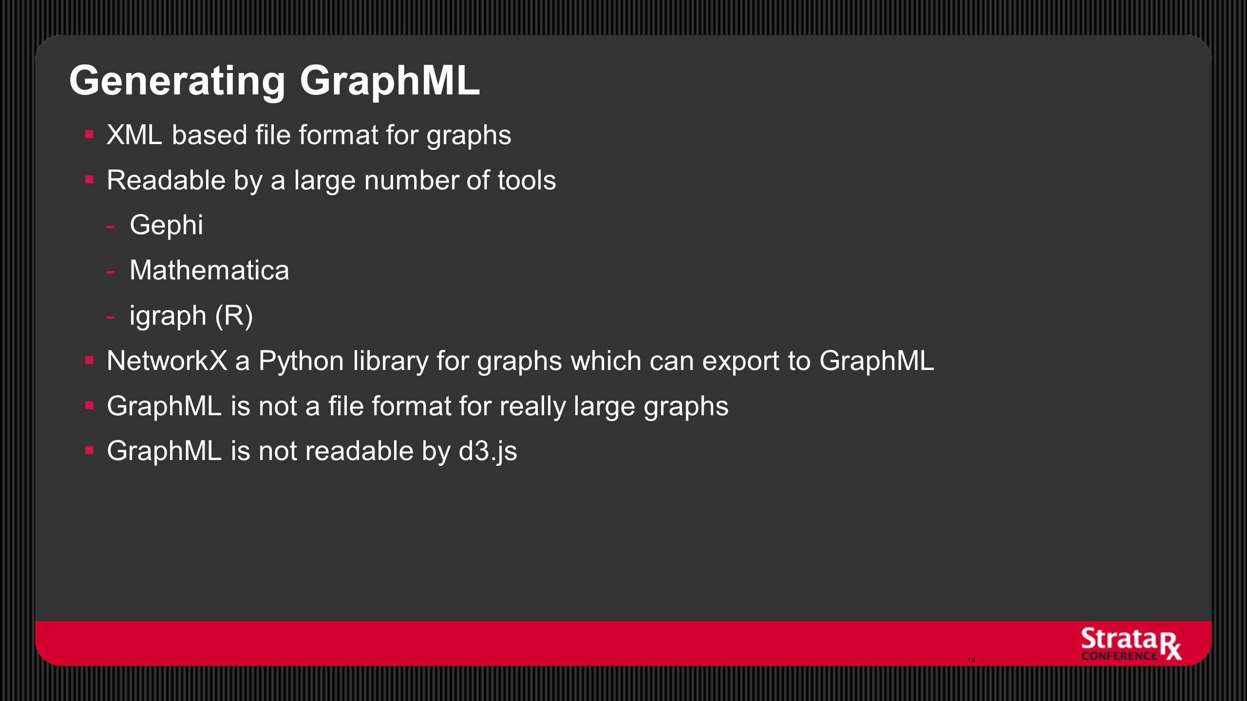 Generating GraphML  XML based file format for graphs  Readable by a large number of tools -Gephi -Mathematica -igraph (R)  NetworkX a Python library for graphs which can export to GraphML  GraphML is not a file format for really large graphs  GraphML is not readable by d3.js 14