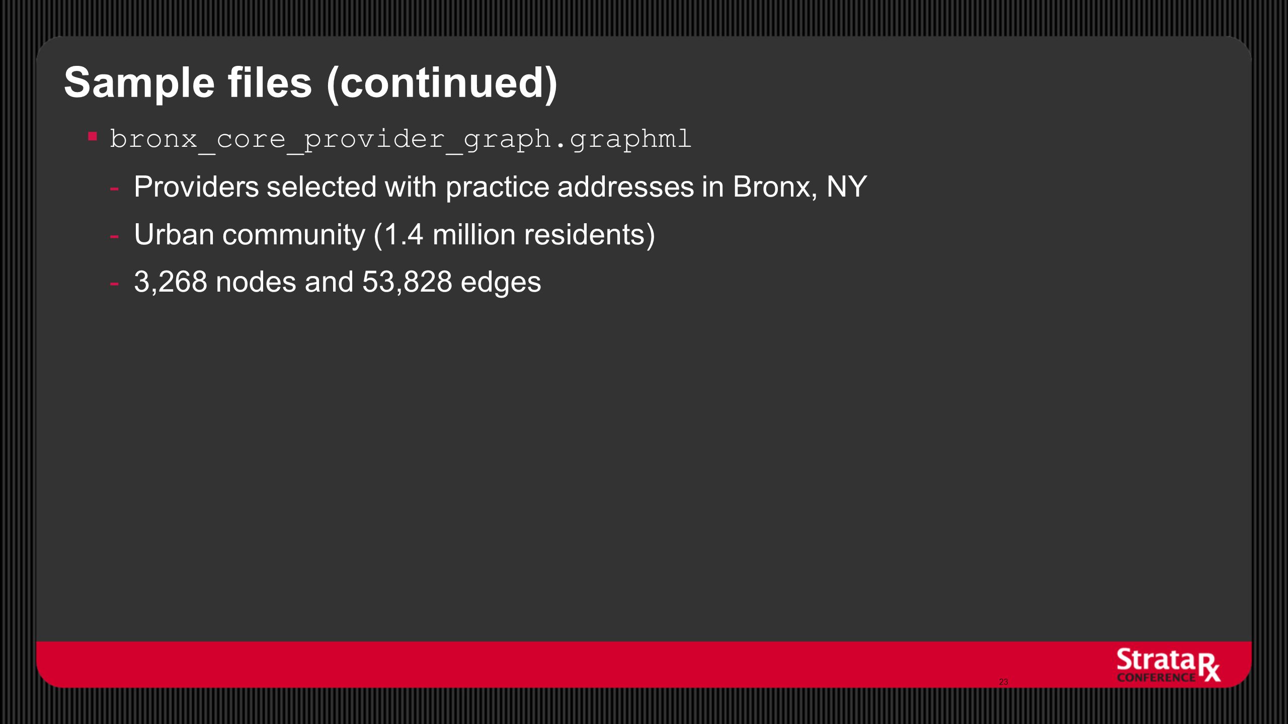 Sample files (continued)  bronx_core_provider_graph.graphml -Providers selected with practice addresses in Bronx, NY -Urban community (1.4 million residents) -3,268 nodes and 53,828 edges 23