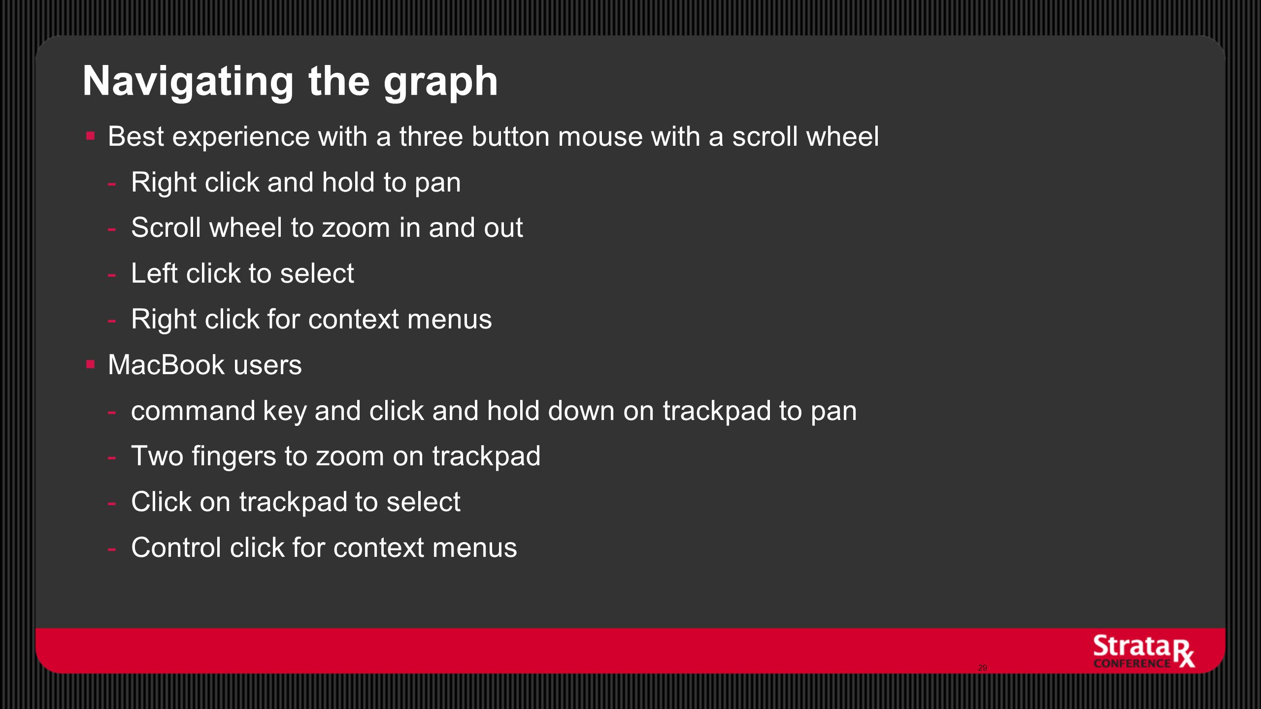 Navigating the graph  Best experience with a three button mouse with a scroll wheel -Right click and hold to pan -Scroll wheel to zoom in and out -Left click to select -Right click for context menus  MacBook users -command key and click and hold down on trackpad to pan -Two fingers to zoom on trackpad -Click on trackpad to select -Control click for context menus 29