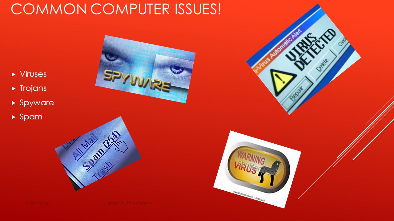 COMMON COMPUTER ISSUES!  Viruses  Trojans  Spyware  Spam Jade Walker Campsmount Academy