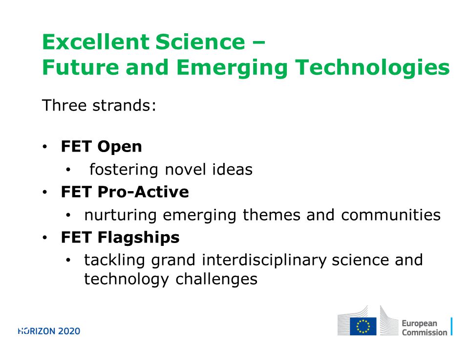 Excellent Science – Future and Emerging Technologies Horizon 2020 Three strands: FET Open fostering novel ideas FET Pro-Active nurturing emerging themes and communities FET Flagships tackling grand interdisciplinary science and technology challenges