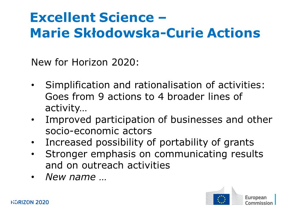 Excellent Science – Marie Skłodowska-Curie Actions Horizon 2020 New for Horizon 2020: Simplification and rationalisation of activities: Goes from 9 actions to 4 broader lines of activity… Improved participation of businesses and other socio-economic actors Increased possibility of portability of grants Stronger emphasis on communicating results and on outreach activities New name …