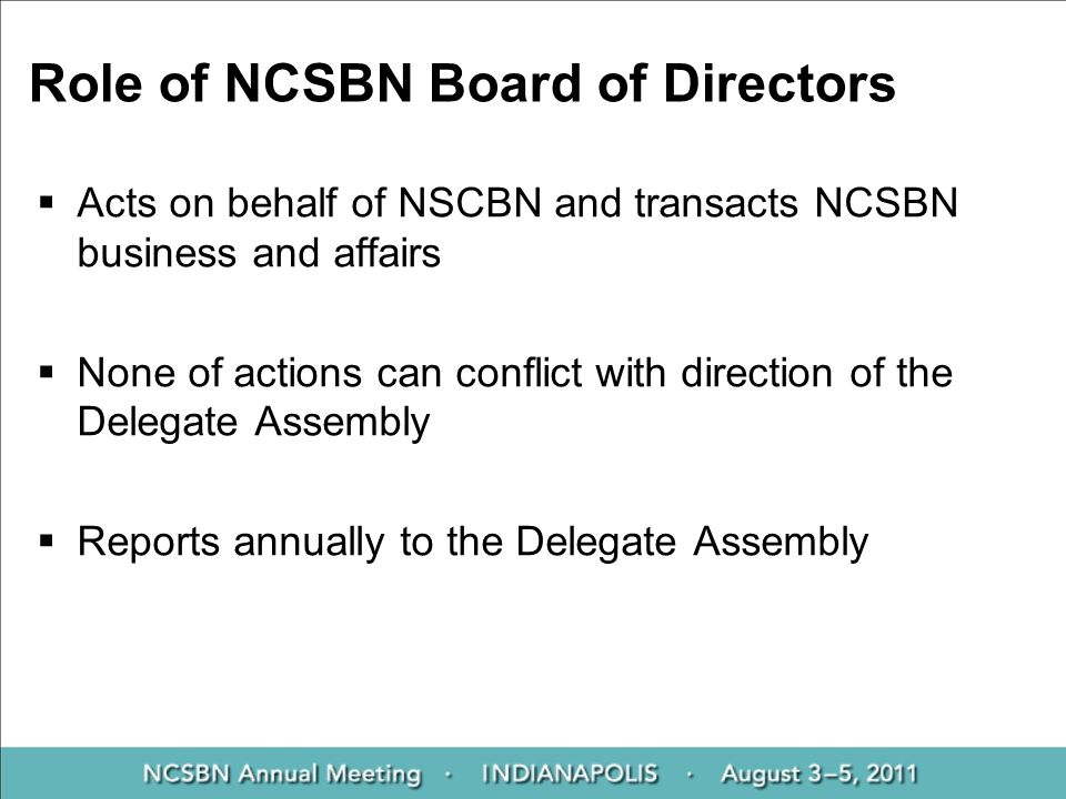 Role of NCSBN Board of Directors  Acts on behalf of NSCBN and transacts NCSBN business and affairs  None of actions can conflict with direction of the Delegate Assembly  Reports annually to the Delegate Assembly