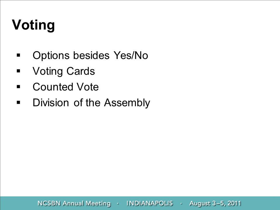 Voting  Options besides Yes/No  Voting Cards  Counted Vote  Division of the Assembly