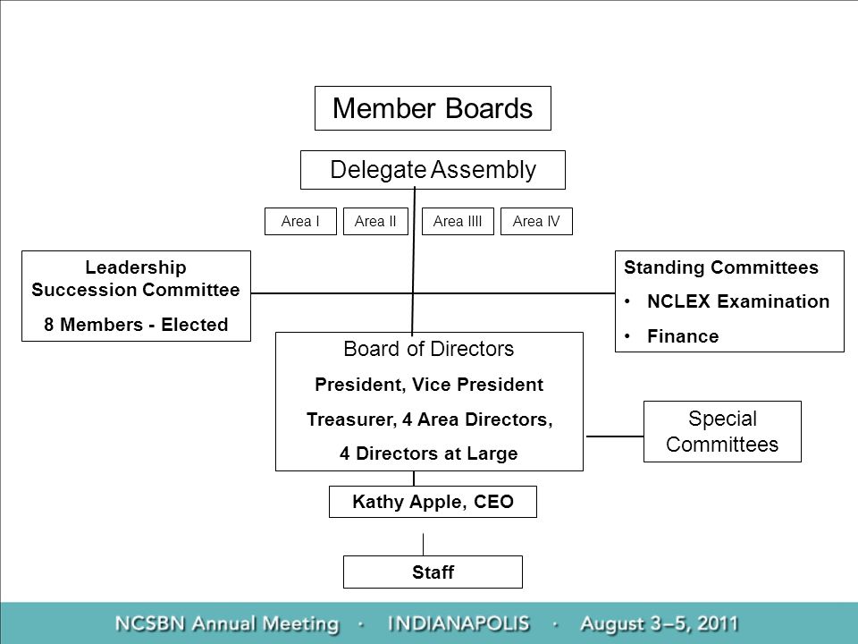 Member Boards Delegate Assembly Staff Kathy Apple, CEO Special Committees Board of Directors President, Vice President Treasurer, 4 Area Directors, 4 Directors at Large Standing Committees NCLEX Examination Finance Leadership Succession Committee 8 Members - Elected Area IArea IIArea IIIIArea IV