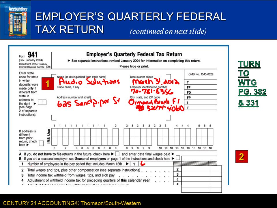 CENTURY 21 ACCOUNTING © Thomson/South-Western EMPLOYER’S QUARTERLY FEDERAL TAX RETURN (continued on next slide) 1 2