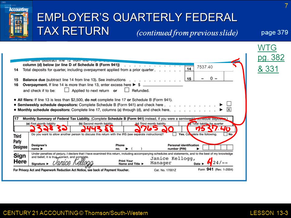 CENTURY 21 ACCOUNTING © Thomson/South-Western 7 LESSON 13-3 EMPLOYER’S QUARTERLY FEDERAL TAX RETURN page 379 (continued from previous slide) WTG pg.