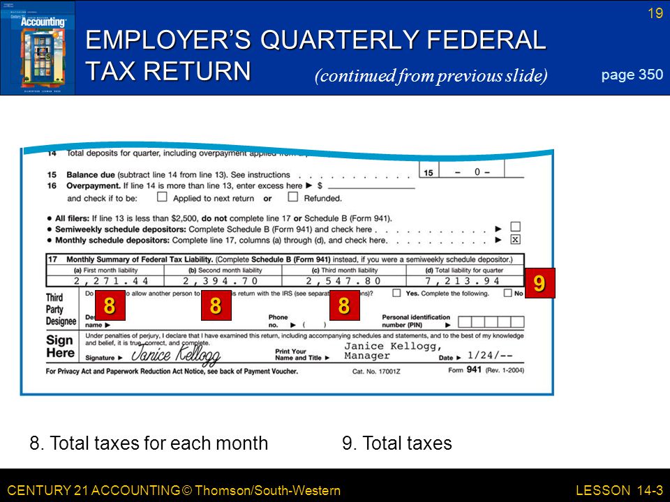 CENTURY 21 ACCOUNTING © Thomson/South-Western 19 LESSON 14-3 EMPLOYER’S QUARTERLY FEDERAL TAX RETURN page 350 (continued from previous slide)