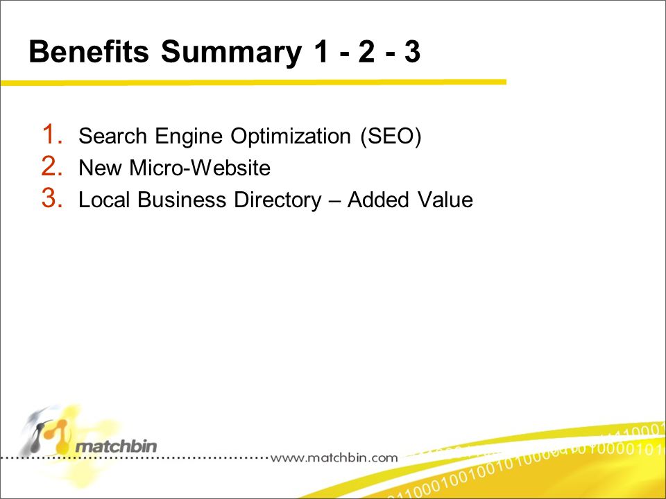 Benefits Summary Search Engine Optimization (SEO) 2.
