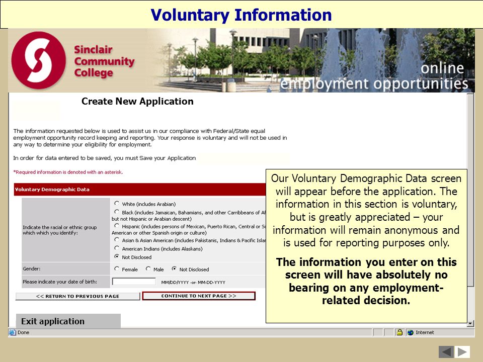 Our Voluntary Demographic Data screen will appear before the application.