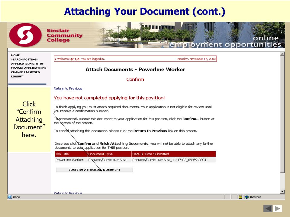 Click Confirm Attaching Document here. Attaching Your Document (cont.)