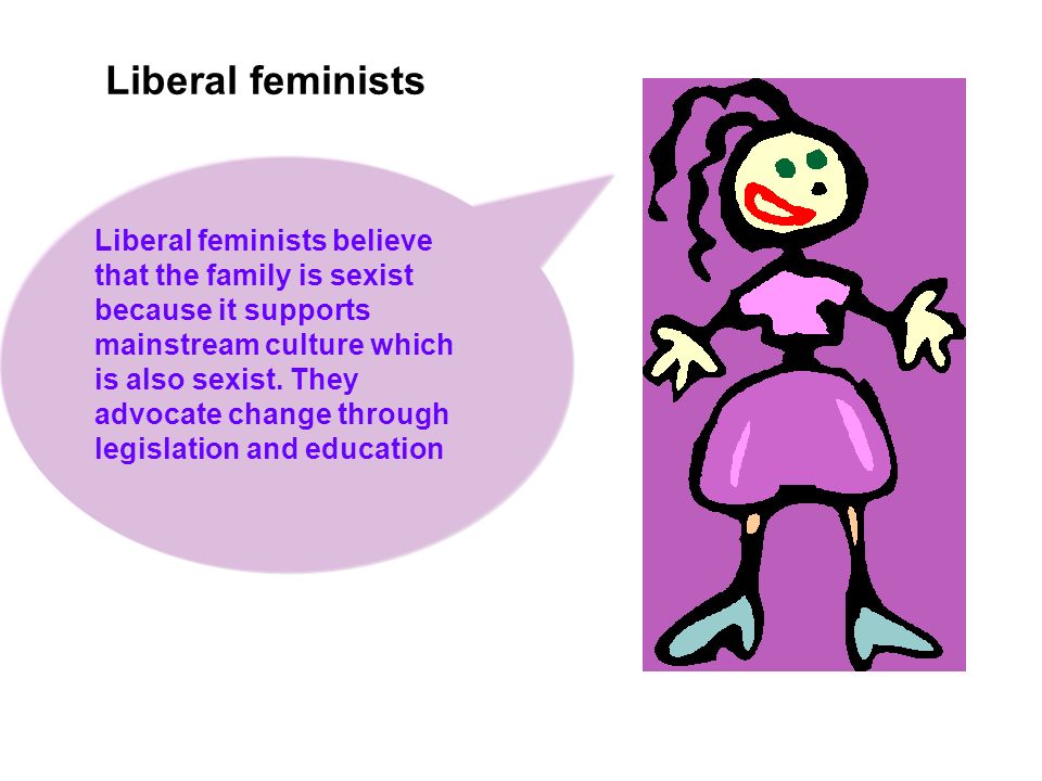 + Liberal Feminists Argue that discriminatory policies force women into the inferior social class that restricts their rights to participate fully in society according to their individual abilities.